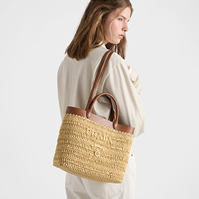 prada small crochet raffia and leather trim tote bag